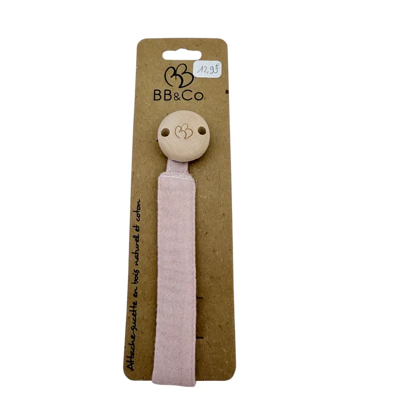 Attache-sucette rose poudré en coton et bois naturel