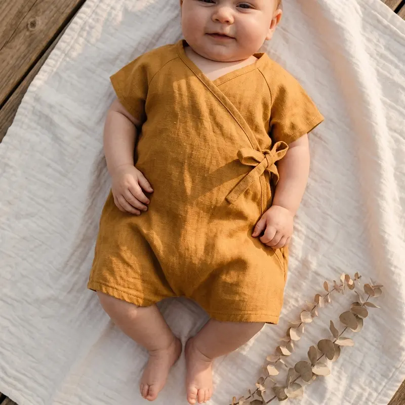 Barboteuse Été Bébé Kimono en Lin et Coton – 0-24 mois