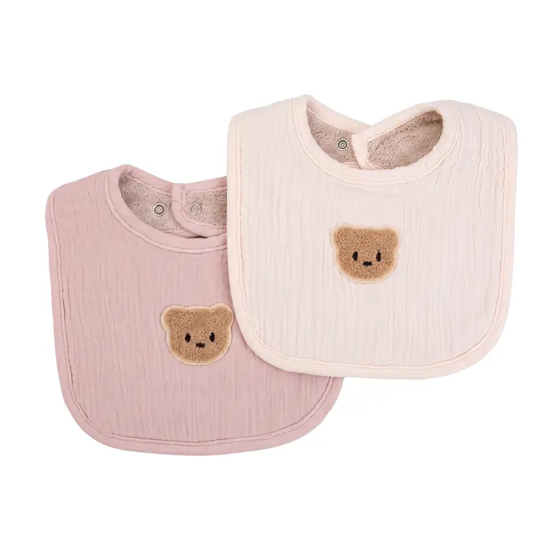 Bavoir Bébé Double Face Gaze de Coton et Éponge Ourson – Lot de 2