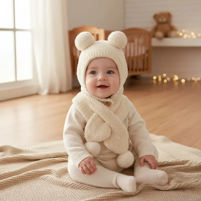 Bonnet Bébé Hiver à Pompons avec Écharpe – 3-24 mois