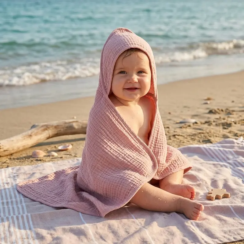 Cape de Bain Bébé en Coton Mousseline à Capuche – 76 x 76 cm, 0-2 ans