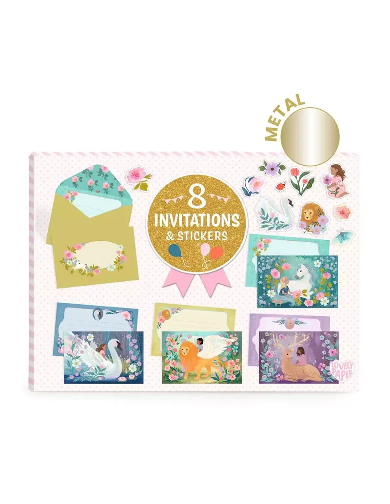 Cartes d'invitation animaux fantastiques lot de 8 + stickers