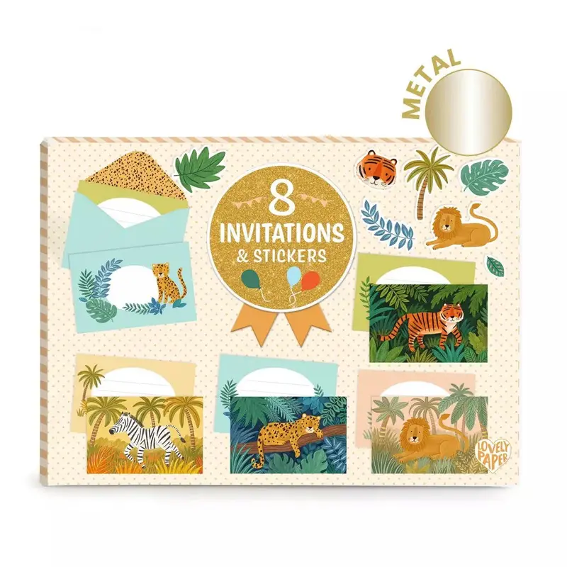 Cartes d’invitation Jungle - 8 cartes, enveloppes, stickers