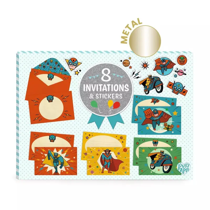 Cartes d’invitation Super-Héros anniversaire x8 + enveloppes