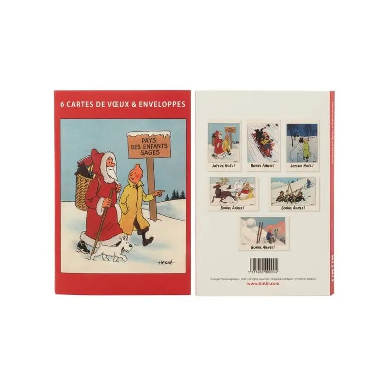 Cartes postales doubles Tintin & Père Noël, 6 + enveloppes