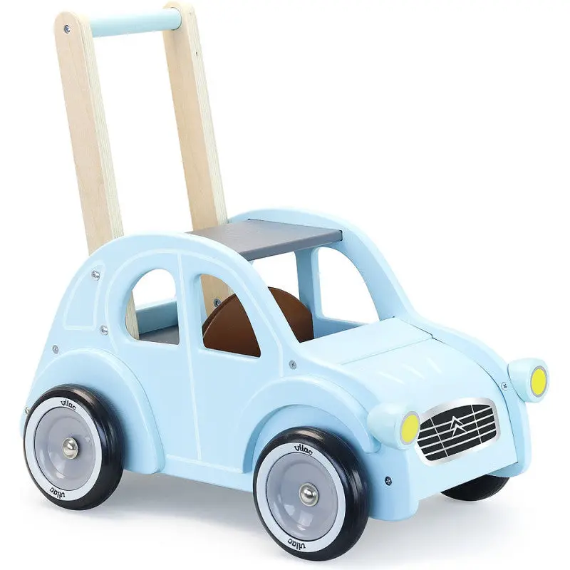 Chariot de marche bébé 2CV en bois bleu pastel