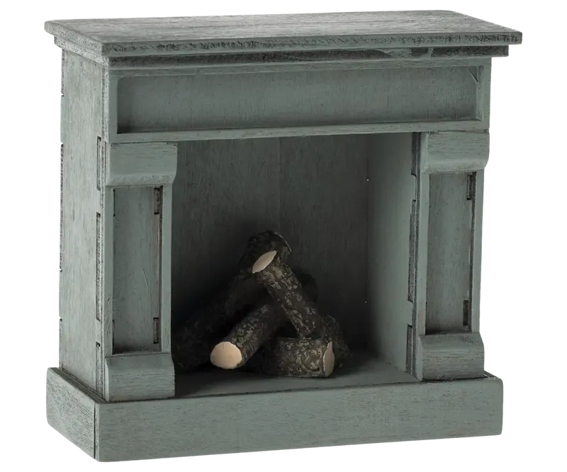 Cheminée jouet en bois vintage bleue