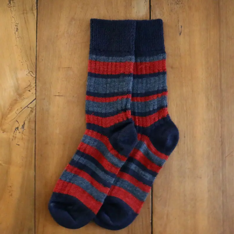Chunky Knitted Wool Socks Striped - Navy/Poppy - 36/37-44/46