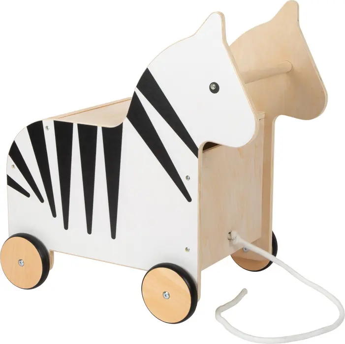 Coffre à jouets zèbre en bois à roulettes avec couvercle