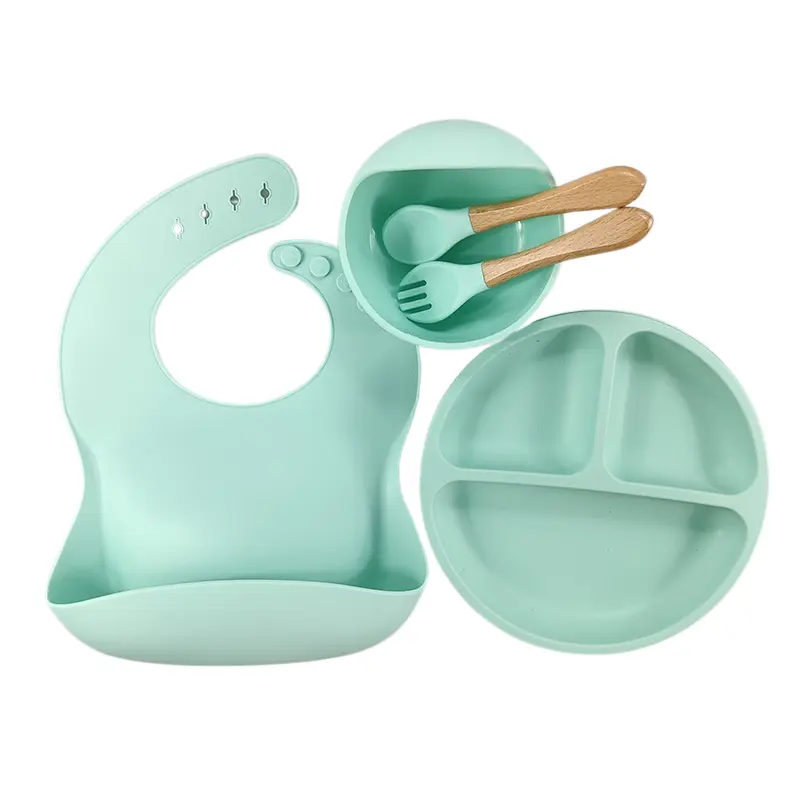 Coffret Repas Bébé Silicone 5 Pièces – Bol Ventouse et Bavoir à Poche