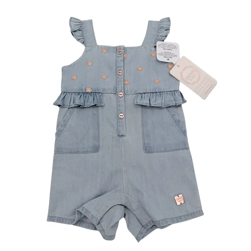 Combishort denim brodé fleurs — 9 mois
