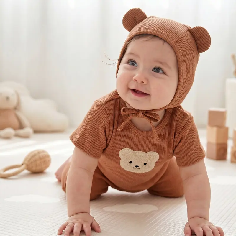 Ensemble Barboteuse Bébé et Bonnet Ourson – Coton Gaufré, 0-24 mois
