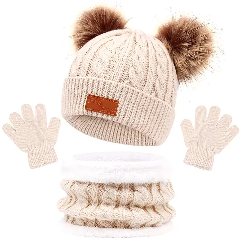 Ensemble Bonnet Écharpe et Gants Bébé Hiver à Pompons