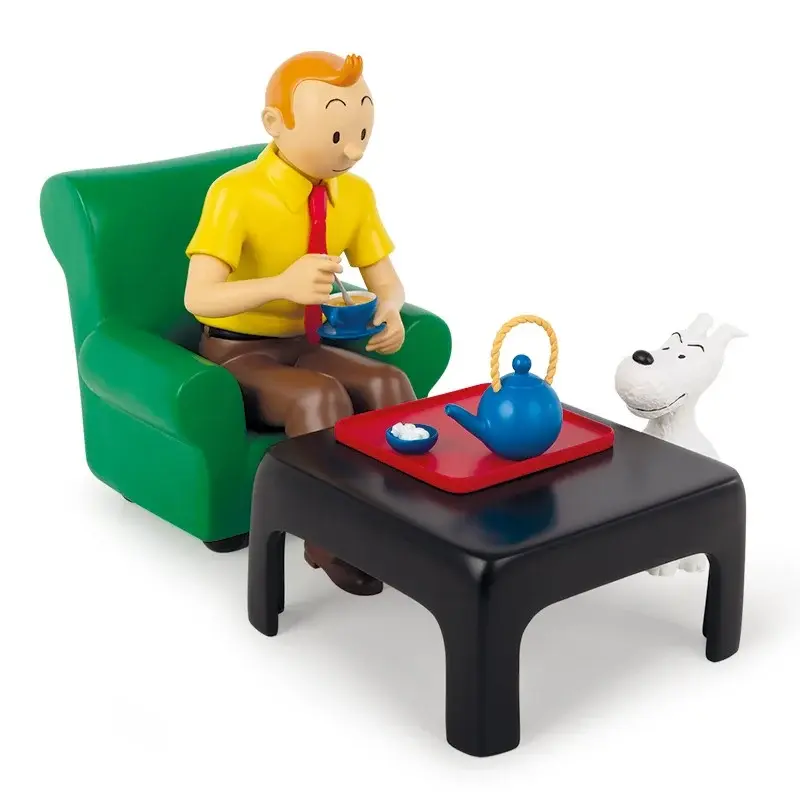 Figurine résine Tintin & Milou prenant le thé