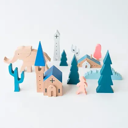 Jeu de construction en bois Église et Village - 12 pièces