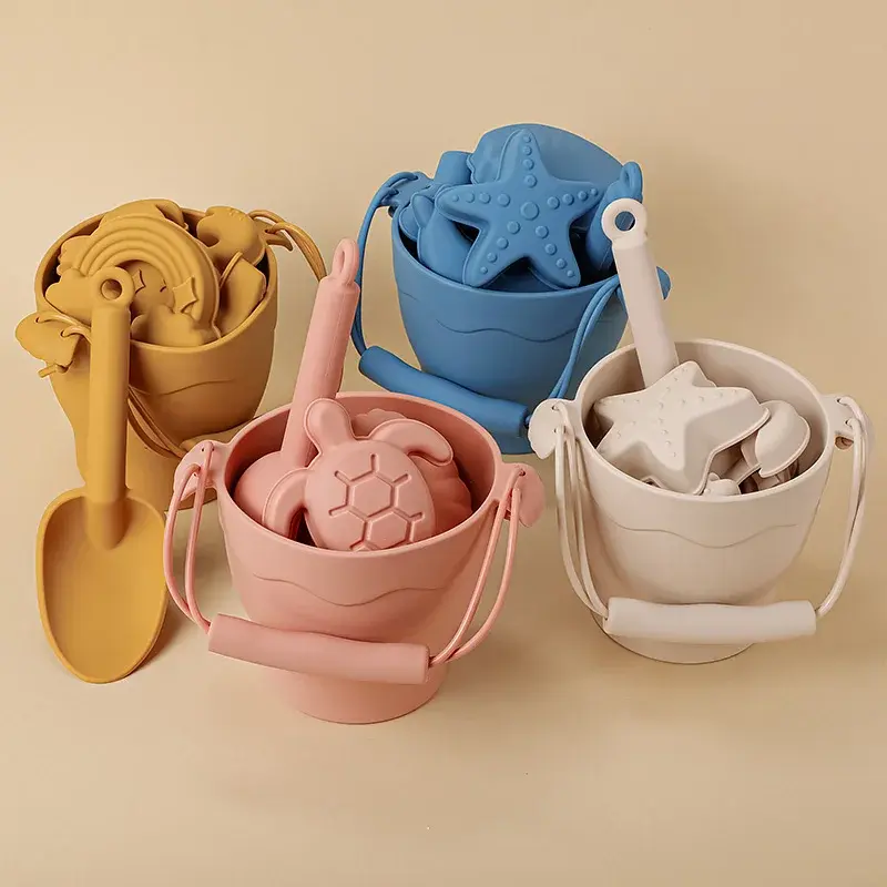 Jeu de Plage Enfant en Silicone – Seau, Pelle et 6 Moules Animaux