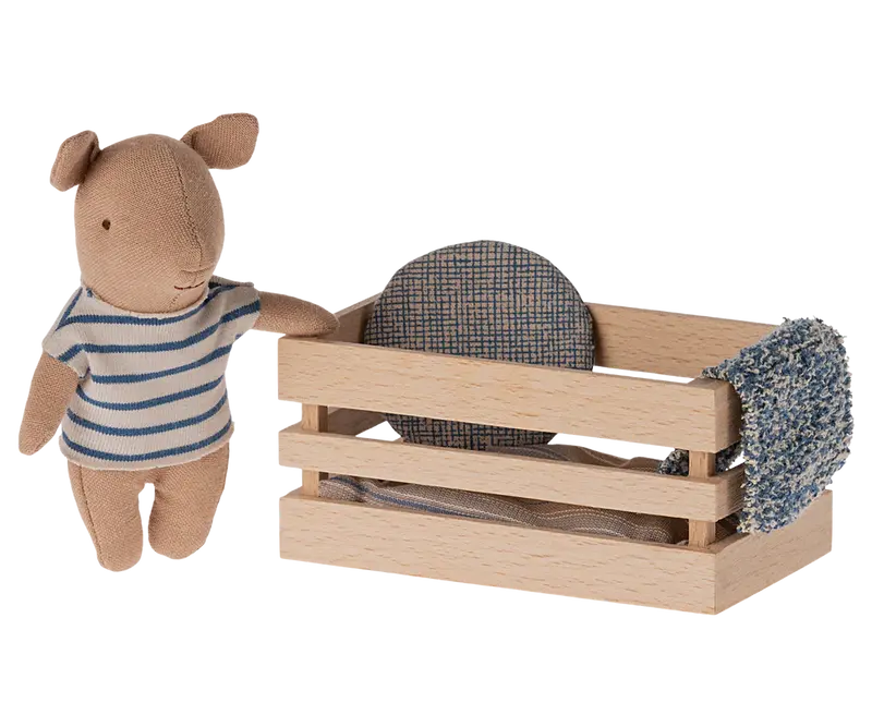 Jouet bébé cochon 9,5 cm avec caissette en bois - Bleu