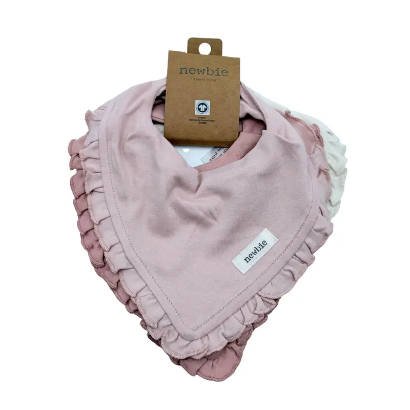 Lot de 2 bavoirs bandana à volants rose et écru en coton bio