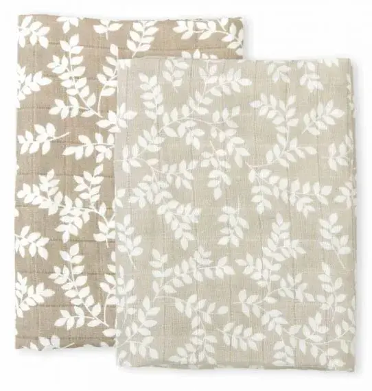 Lot de 2 Langes en Coton Bio - Feuilles Taupe
