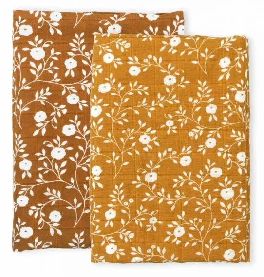 Lot de 2 Langes en Coton Bio - Fleurs Caramel