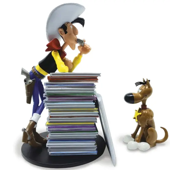 Lucky Luke avec Rantanplan pile d'albums - Figurine résine