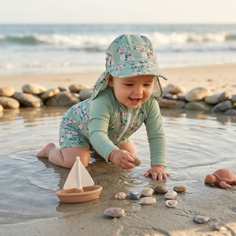 Maillot de Bain Bébé Fille avec Casquette – Rosée Verte – 3 mois-4 ans