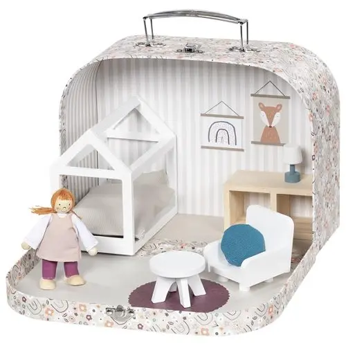 Maison de poupée valise avec meubles et poupée