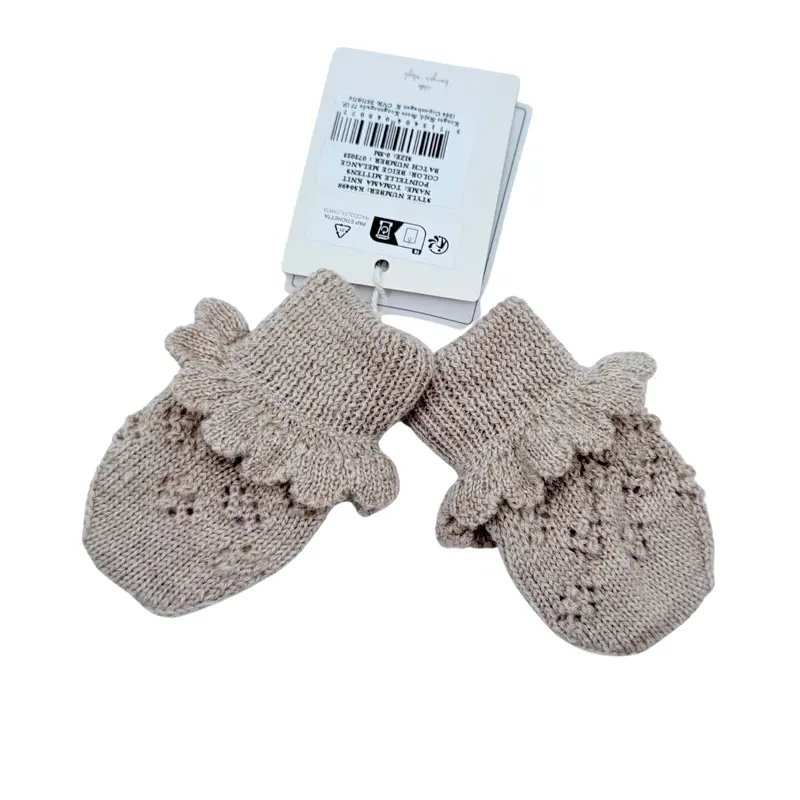 Moufles bébé beiges en maille ajourée à volants - 0-3 mois