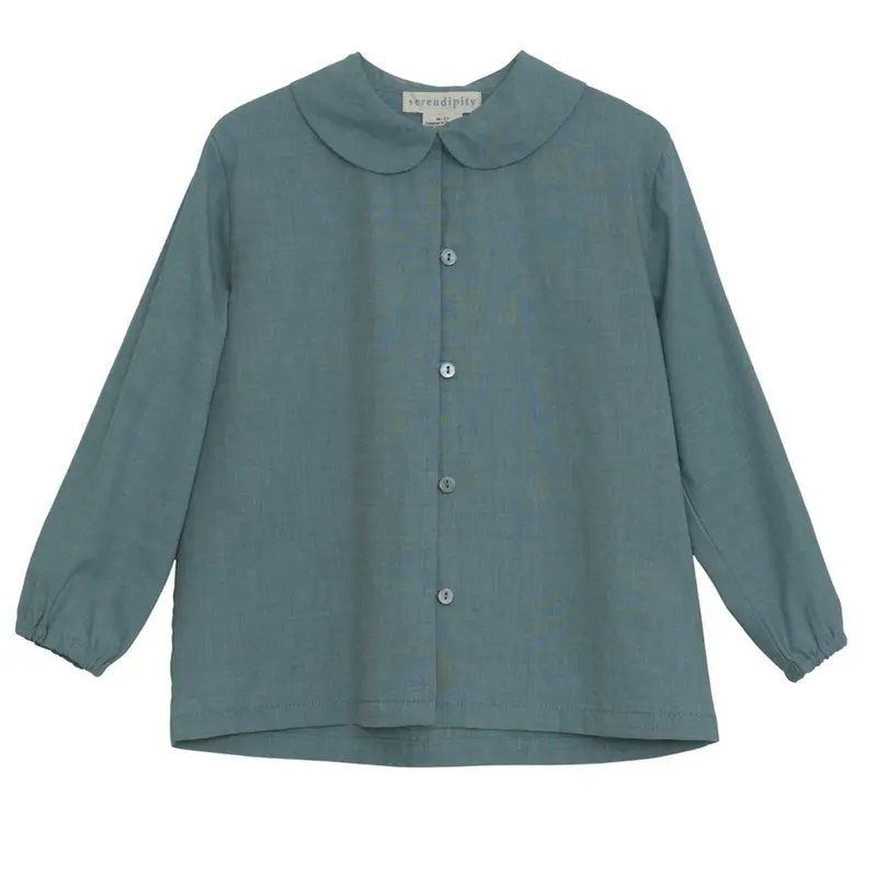 Organic Cotton Chambray Collar Blouse - Teal - 2-9y