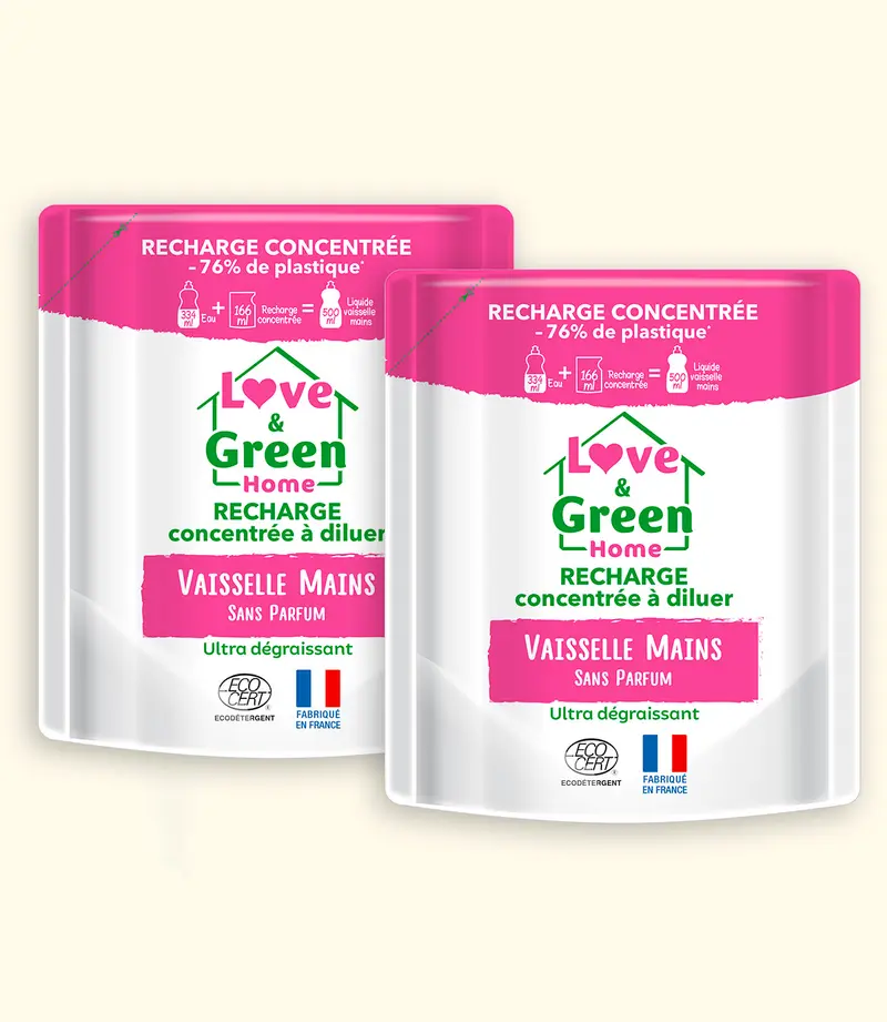 Pack de 2 recharges liquide vaisselle sans parfum certifiées écodétergent