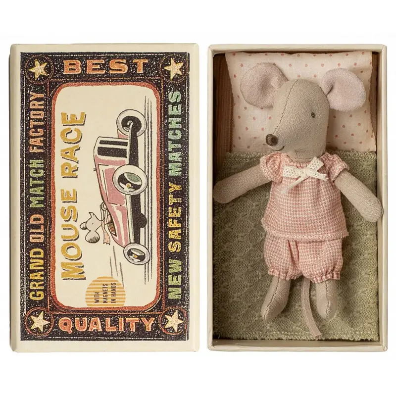 Petite sœur souris dans sa boîte d'allumette