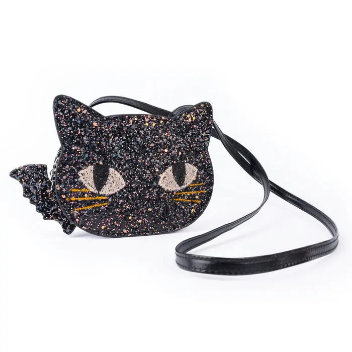 Porte-monnaie chat paillettes noires à bandoulière