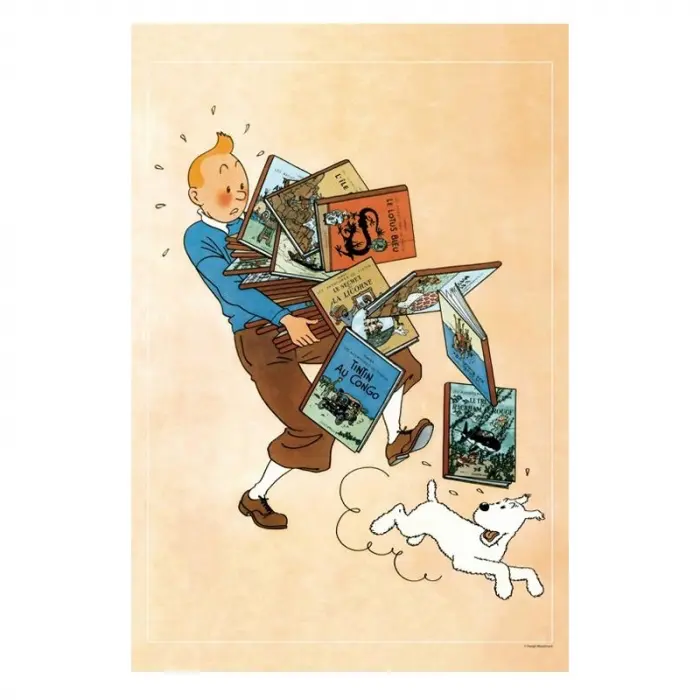 Poster de Tintin tenant des albums