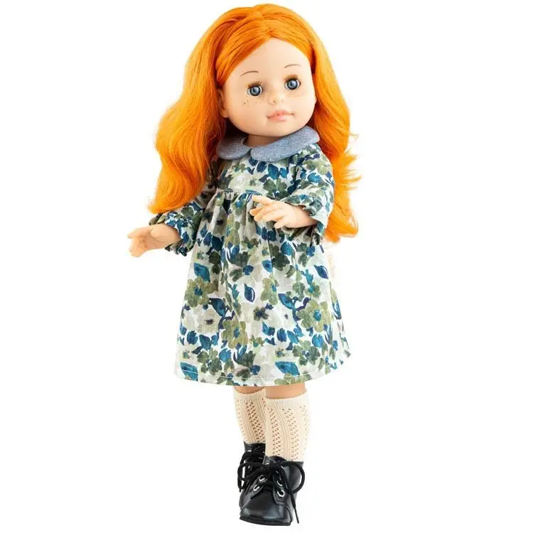 Poupée Becca 45 cm rousse en vinyle, robe bleue à fleurs