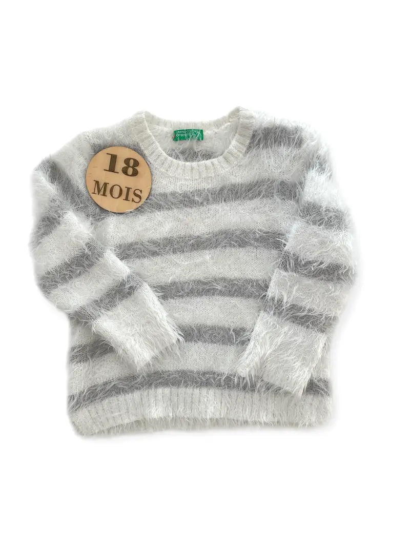 Pull épais, rayé blanc et gris, Benetton