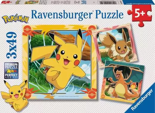 Puzzle Pikachu, Dracaufeu et Evoli - 3 x 49 pièces