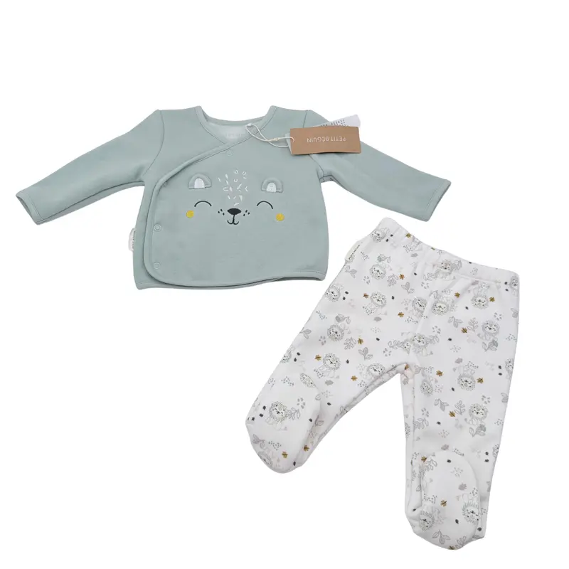 Pyjama bébé 2 pièces vert sauge et écru motif animaux - 3 mois