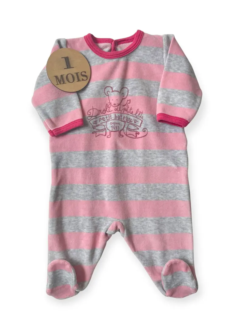 Pyjama velours, rayé gris et rose, Petit Bateau