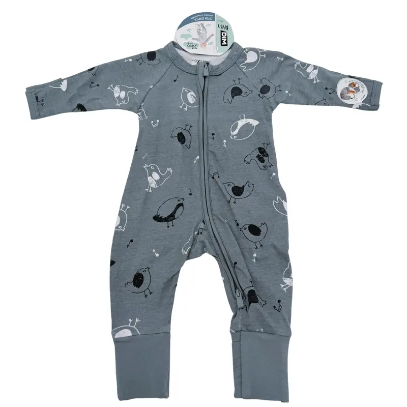 Pyjama zippé gris imprimé oiseaux — 1 mois