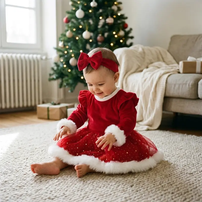 Robe Barboteuse Bébé Noël Tutu à Fausse Fourrure et Bandeau – 0-24 mois