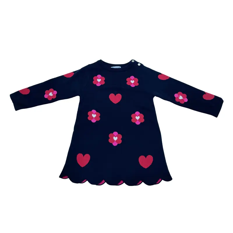 Robe bébé bleu marine en maille à fleurs et cœurs - 24 mois