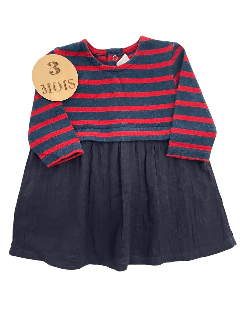 Robe rayée, jupe gaze de coton, bleu-marine, Petit Bateau