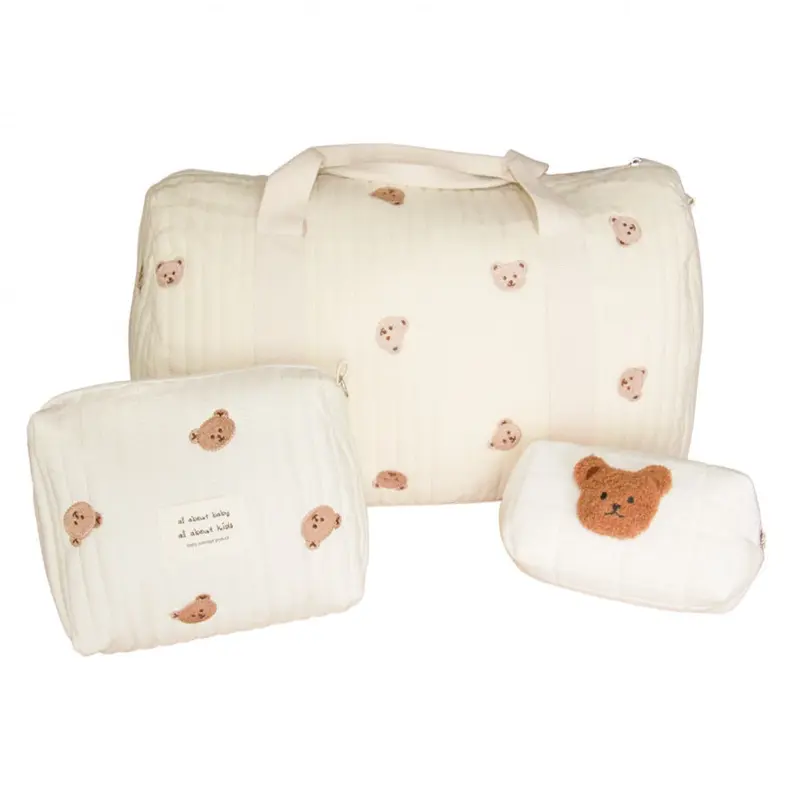 Sac à Langer Maternité Ourson et 2 Trousses – Coton Matelassé
