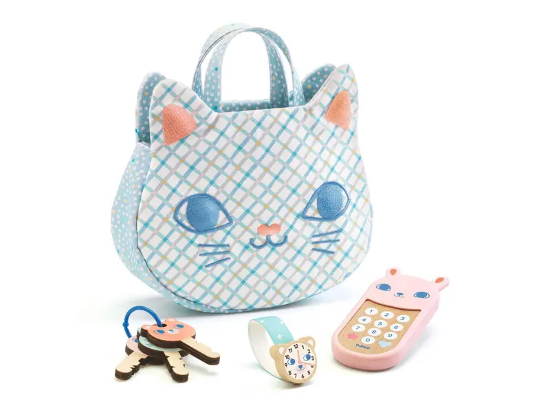 Sac à main enfant tête de chat brodé, accessoires inclus