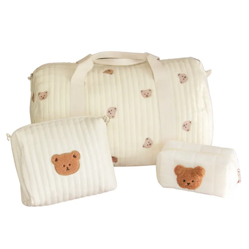 Sac Maternité Petit Ours et 2 Trousses – Sac à Langer Coton Matelassé