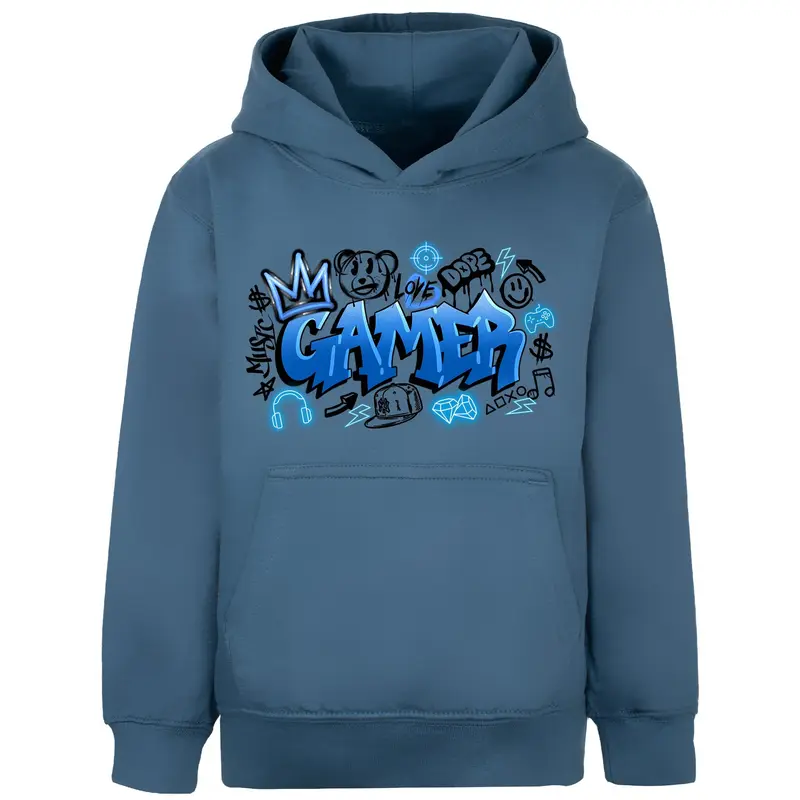 Sweat à capuche gaming – Fringoo gaming for Boys Cotton Rich Soft Hooded – gaming Graffiti bleu