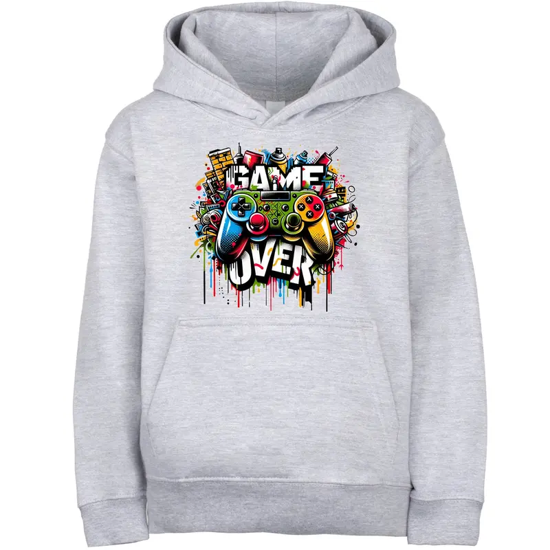 Sweat à capuche gymnastique – Fringoo gaming gris for Boys Cotton Rich Soft Hooded – Game over Graffiti gris