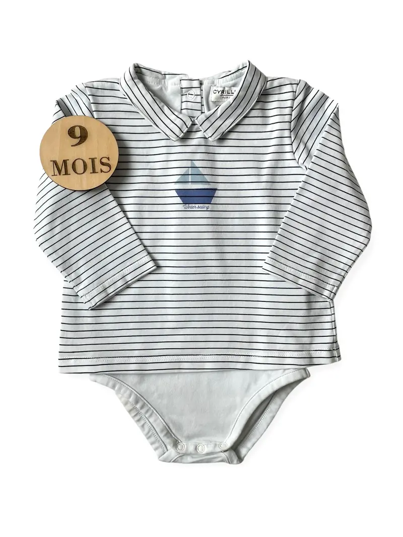 Tee-shirt à col, rayé bleu, body intégré, Cyrillus