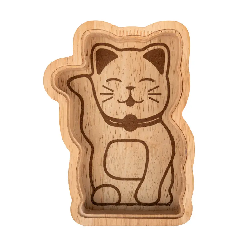 Tirelire Maneki-Neko en bois - Chat porte-bonheur japonais